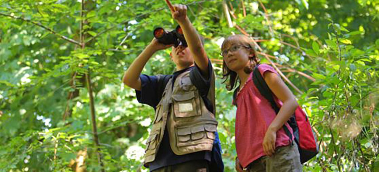 dos niños mirando a través de un par de binoculares en el bosque